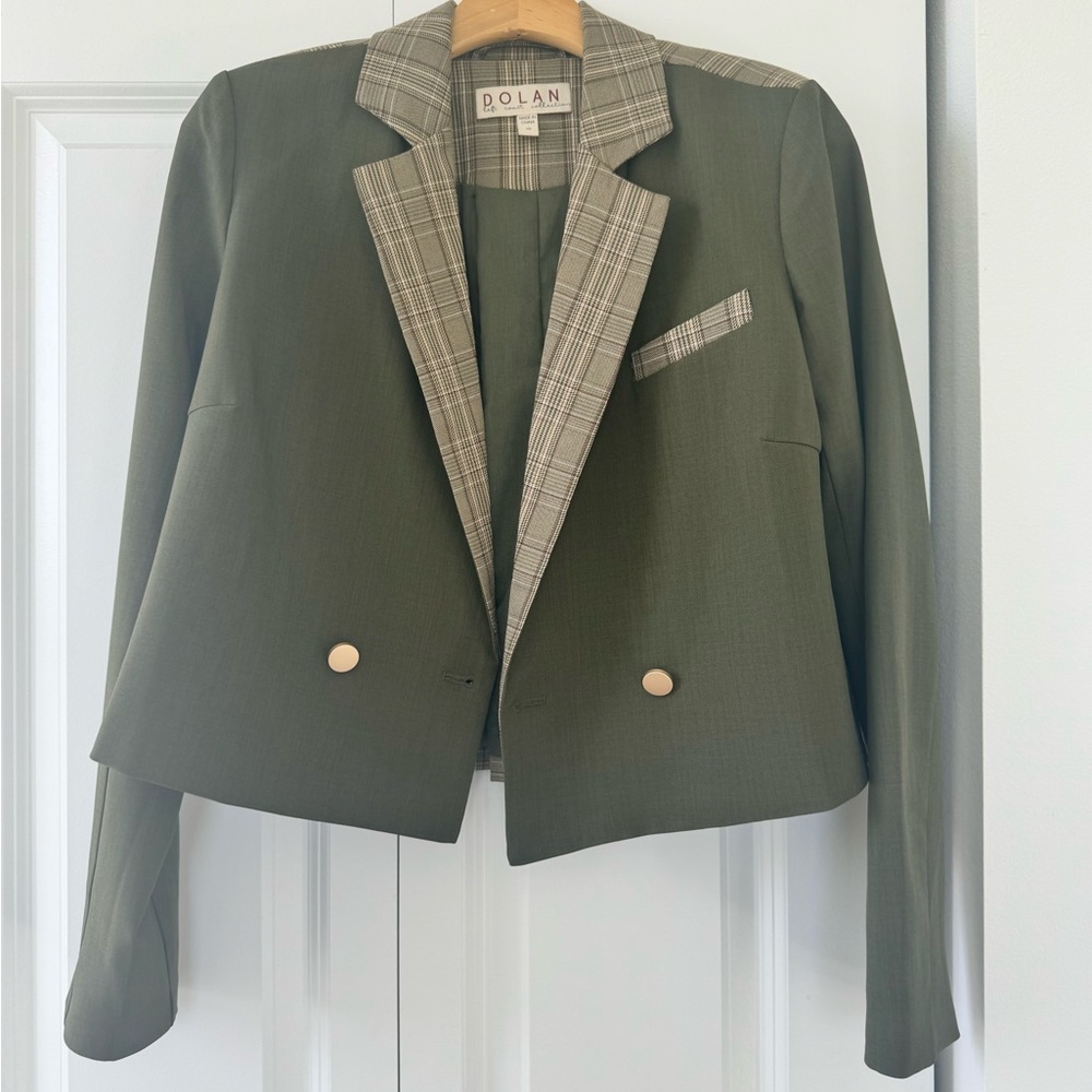 Anthropologie Olive Blazer with Plaid Accents